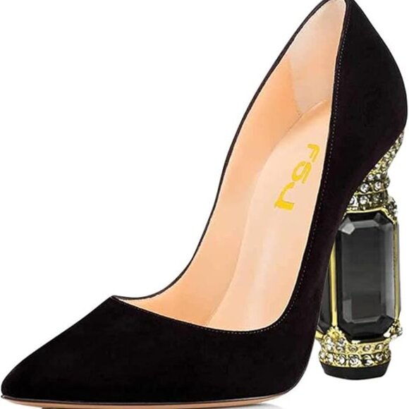 Size 11 FSJ bridal pointed toe crystal high heel pump, black suede - Picture 7 of 11